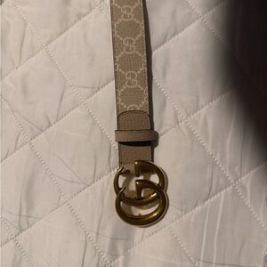 Gucci Beige Monogram Leather Belt with Gold Double G Buckle